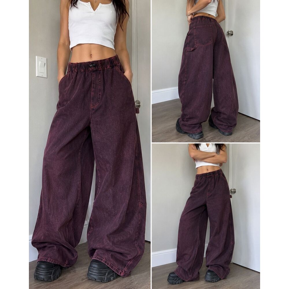 ZARA Utility Cargo Pants Womens L Burgundy Wine Wash Baggy Wide Leg Y2K